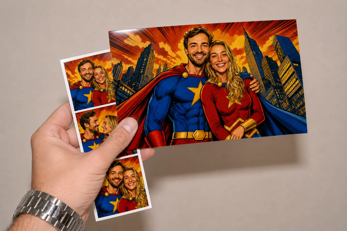 Een gast houdt een uitgeprinte superheldenfoto en een fotostrip uit de AI photobooth in zijn hand