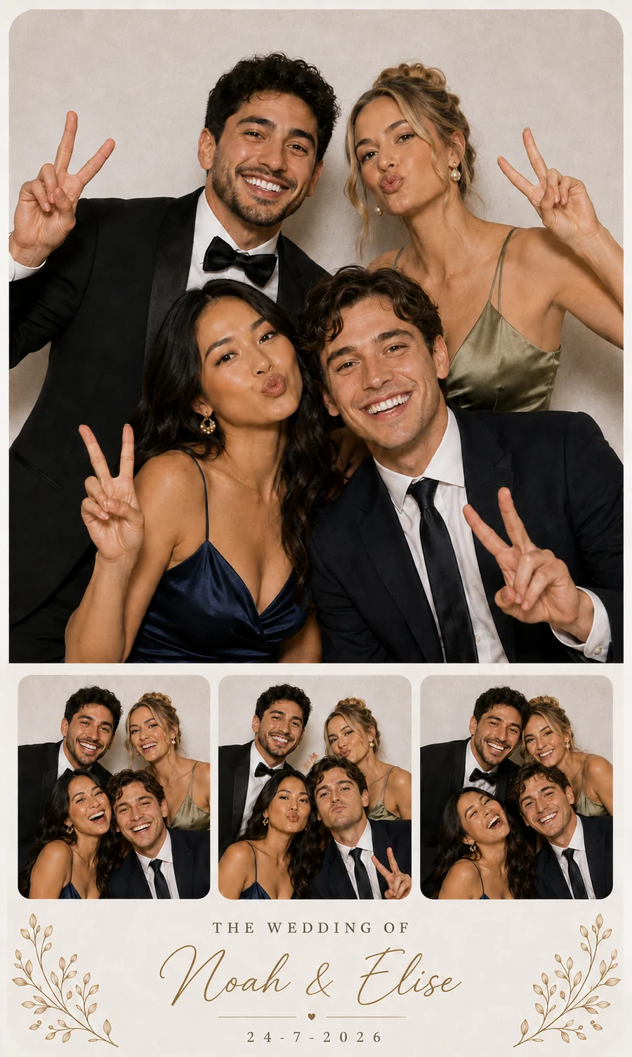 Printvoorbeeld uit de Pro Photobooth: vier foto's van bruiloftsgasten met de namen van het bruidspaar en de datum eronder